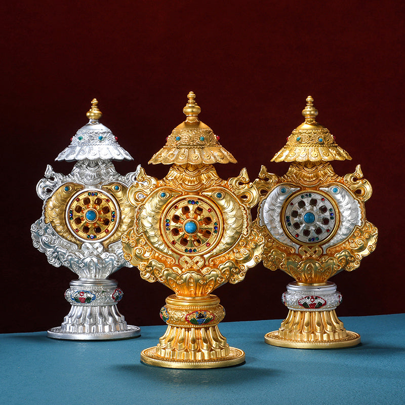 Three bronze-colored altar shrine offerings with gold accents, featuring the all in one Eight Auspicious Symbols.