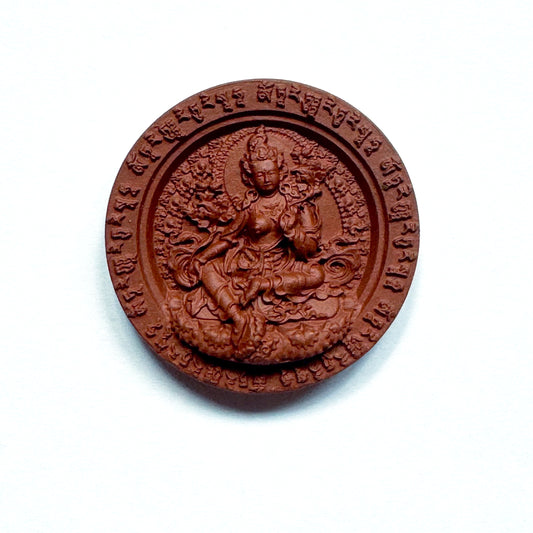 Exquisitely crafted Green Tara tsa tsa in refined clay with gold, silver, coral, pearl, amber & nectar pills, detailed with the Green Tara mantra.