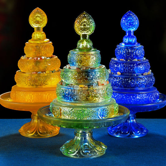Magnificent Liuli crystal mandala set with Eight Auspicious Symbols, floral relief motifs, and radiant translucence. Available in 3 colors.
