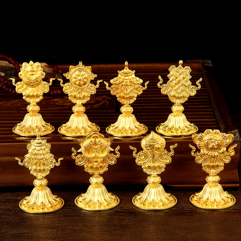Magnificent Eight Auspicious Set for Altar Shrine Offering - Crafted from Thickened Gilt Brass, Tibetan Nepali Design.