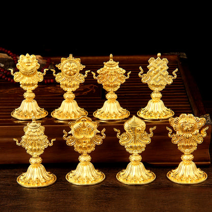 Magnificent Eight Auspicious Set for Altar Shrine Offering - Crafted from Thickened Gilt Brass, Tibetan Nepali Design.