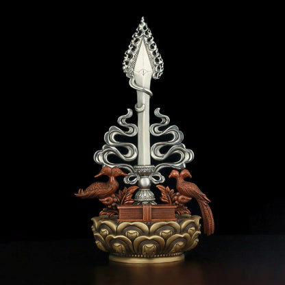 Symbol of Three Great Bodhisattvas, Emblem of the Nyingma lineage in Tibetan Buddhism. - Brass, Nickel and Copper, Meticulous Sculptural Detail.