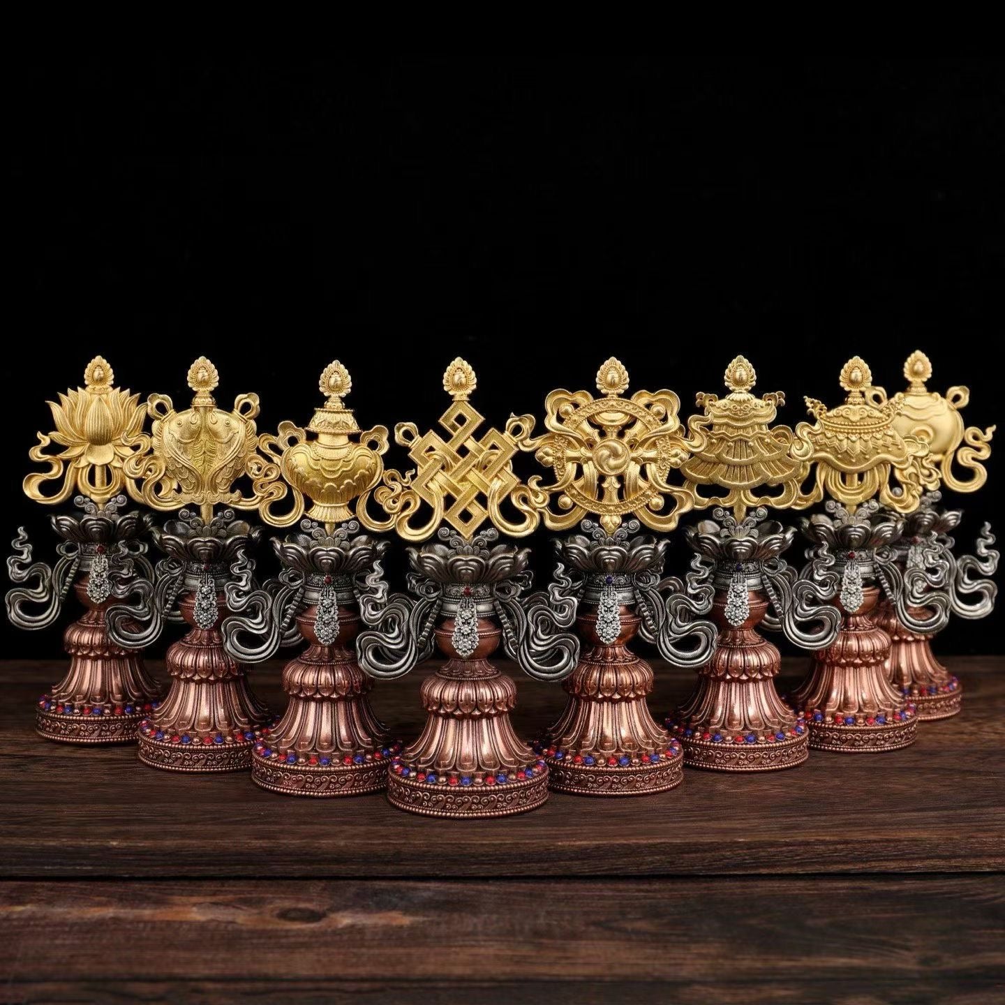 Grand Eight Auspicious Set in brass, nickel and copper, perfect altar offering symbolizing prosperity, protection, and blessings.