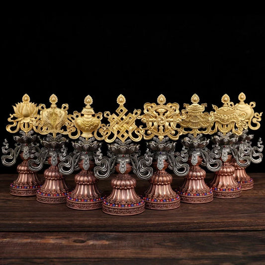 Grand Eight Auspicious Set in brass, nickel and copper, perfect altar offering symbolizing prosperity, protection, and blessings.
