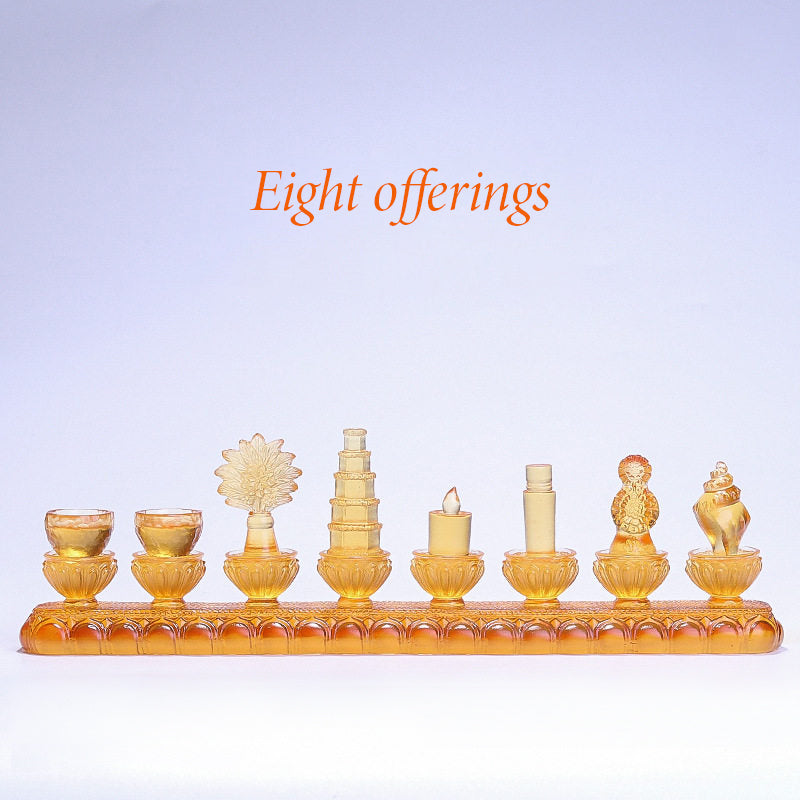 Liuli crystal Eight Offerings lamp with LED base. Available in Golden Amber or Aurora Crystal to beautifully illuminate your Buddhist altar.