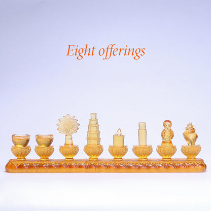 Liuli crystal Eight Offerings lamp with LED base. Available in Golden Amber or Aurora Crystal to beautifully illuminate your Buddhist altar.