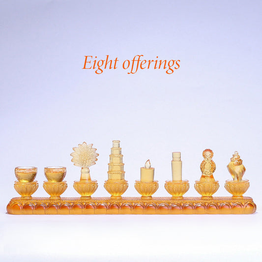 Liuli crystal Eight Offerings lamp with LED base. Available in Golden Amber or Aurora Crystal to beautifully illuminate your Buddhist altar.