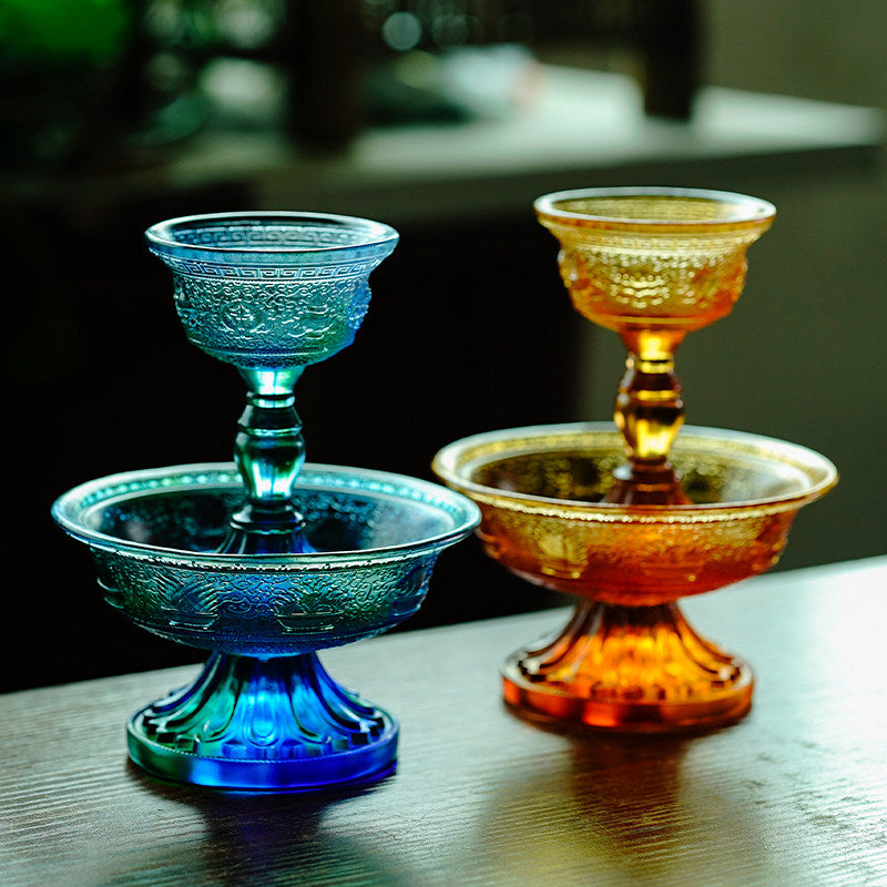 Premium Liuli crystal serkyem adorned with the Eight Auspicious Symbols. A radiant vessel for protector offerings, blessing and beauty on your shrine.