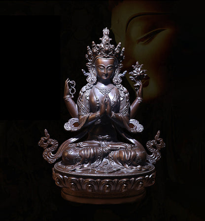 Four Arms Avalokiteshvara Oxidized Copper Statue